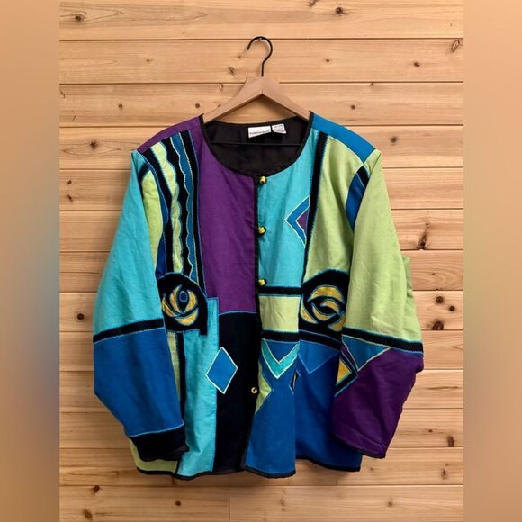 Vintage Fashion Bug Size 2X Cotton Flax Blend Colorblock Geometric Blazer Jacket - Picture 1 of 13